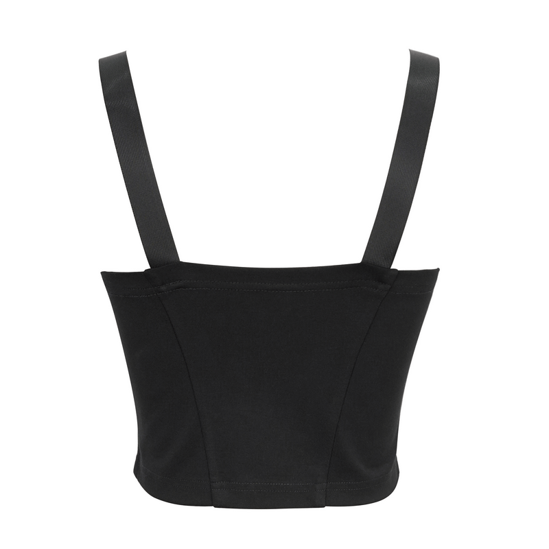 Back view of women's black punk crop top with adjustable straps, perfect for a trendy gothic style.