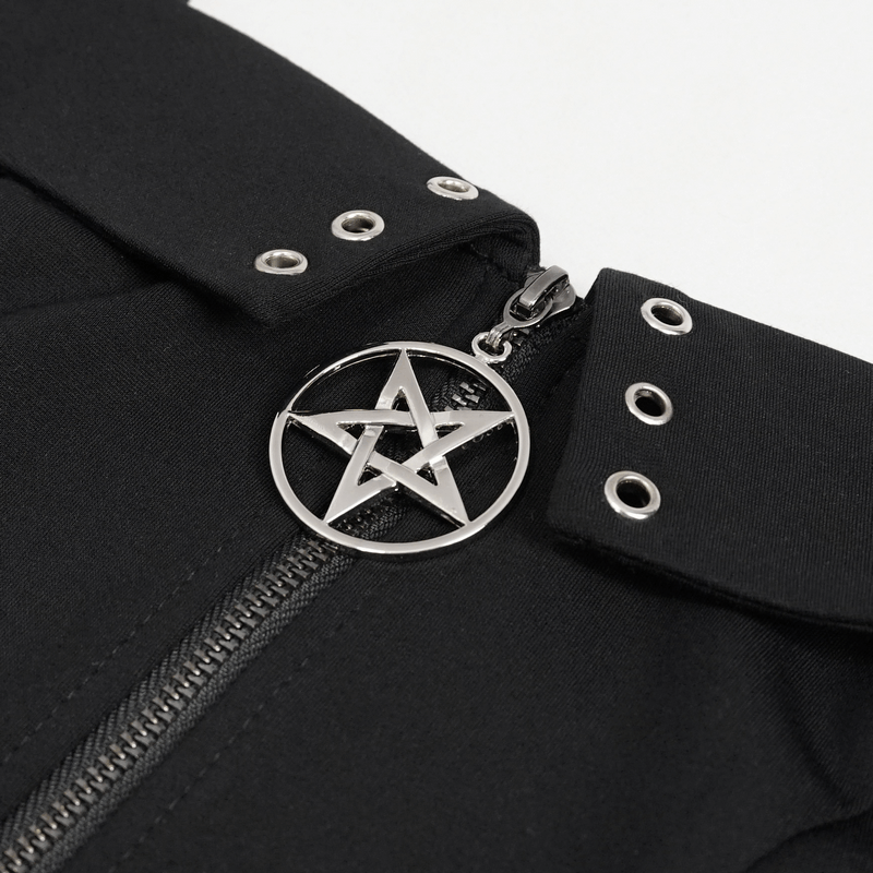 Gothic Punk Top with Circled Hollow Pentagram Zipper / Female Adjustable Buckle Straps Top