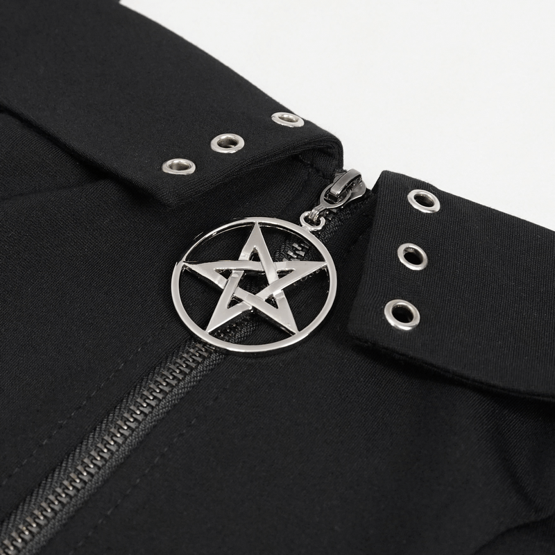 Close-up of a black punk crop top zipper with a circled pentagram pendant and stylish buckle accents.