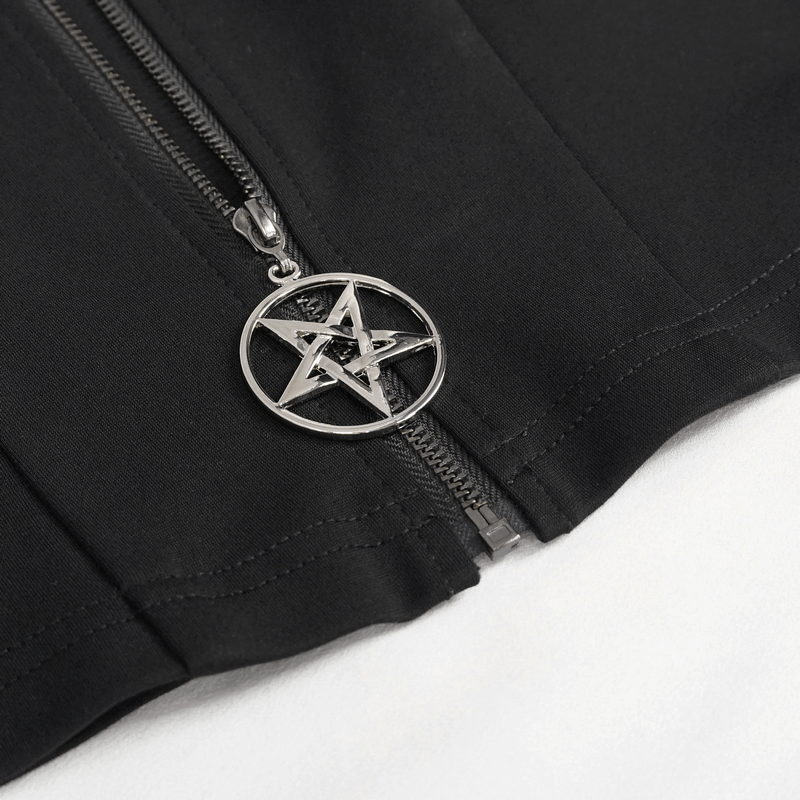 Close-up of a black crop top zipper featuring a stylish silver pentagram charm.