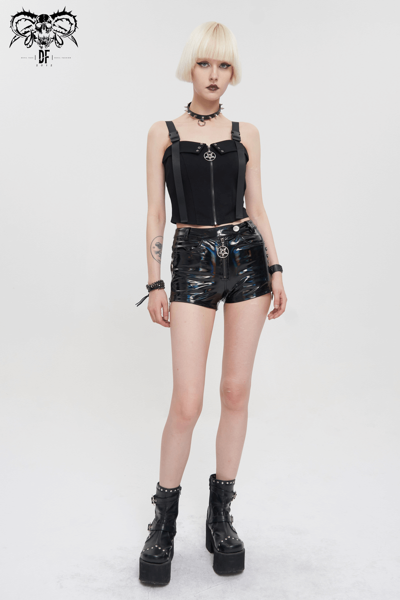 Trendy women's gothic punk crop top with circled pentagram zipper and adjustable buckle straps, paired with stylish shorts.