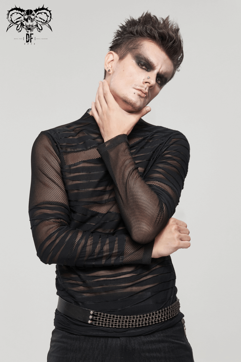 Gothic Punk Transparent Top with Irregular Striped / Male Long Sleeve Black Top - HARD'N'HEAVY
