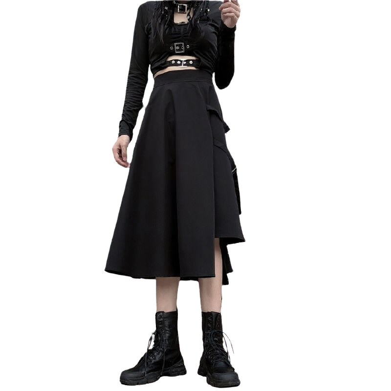 Gothic Punk Women Long Skirts With Pocket / Vintage Irregular High Waist Skirt - HARD'N'HEAVY
