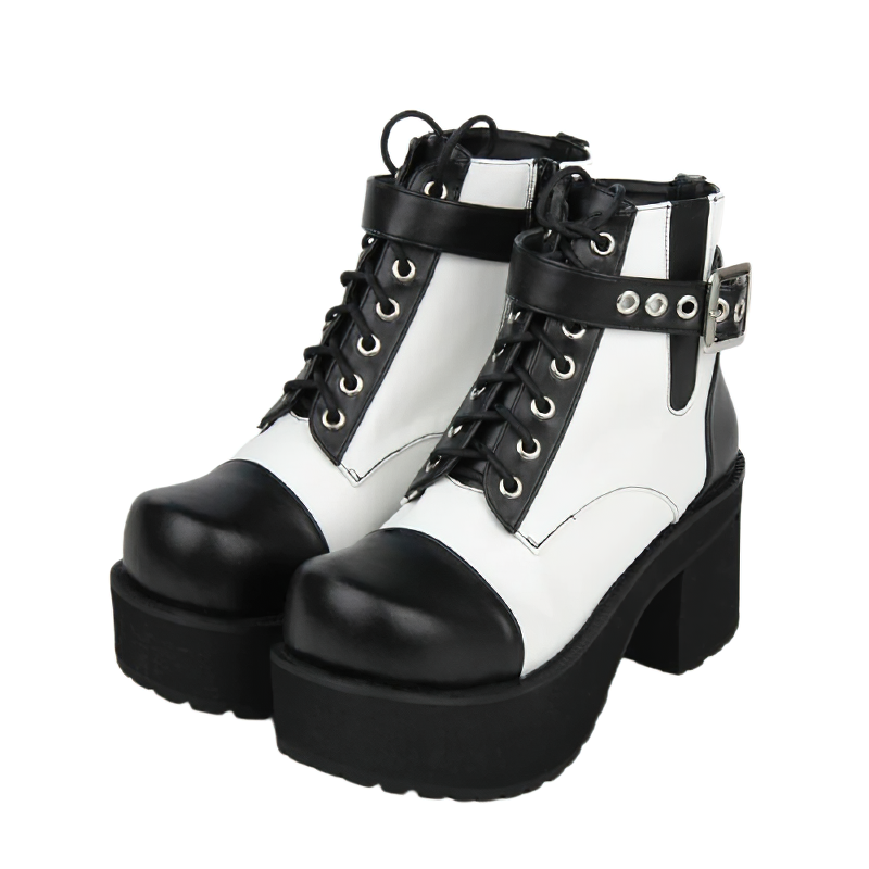 Gothic Punk Women's Ankle Boots with Lace-up / Black and White Platform Boots with Buckle Strap - HARD'N'HEAVY