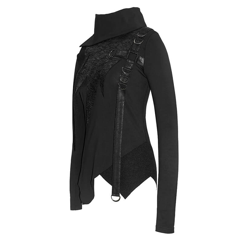 Gothic Punk Women's Black High Neck Collar Sleeve Irregular Sweatshirt / Stylish Ladies Warm Tunics - HARD'N'HEAVY
