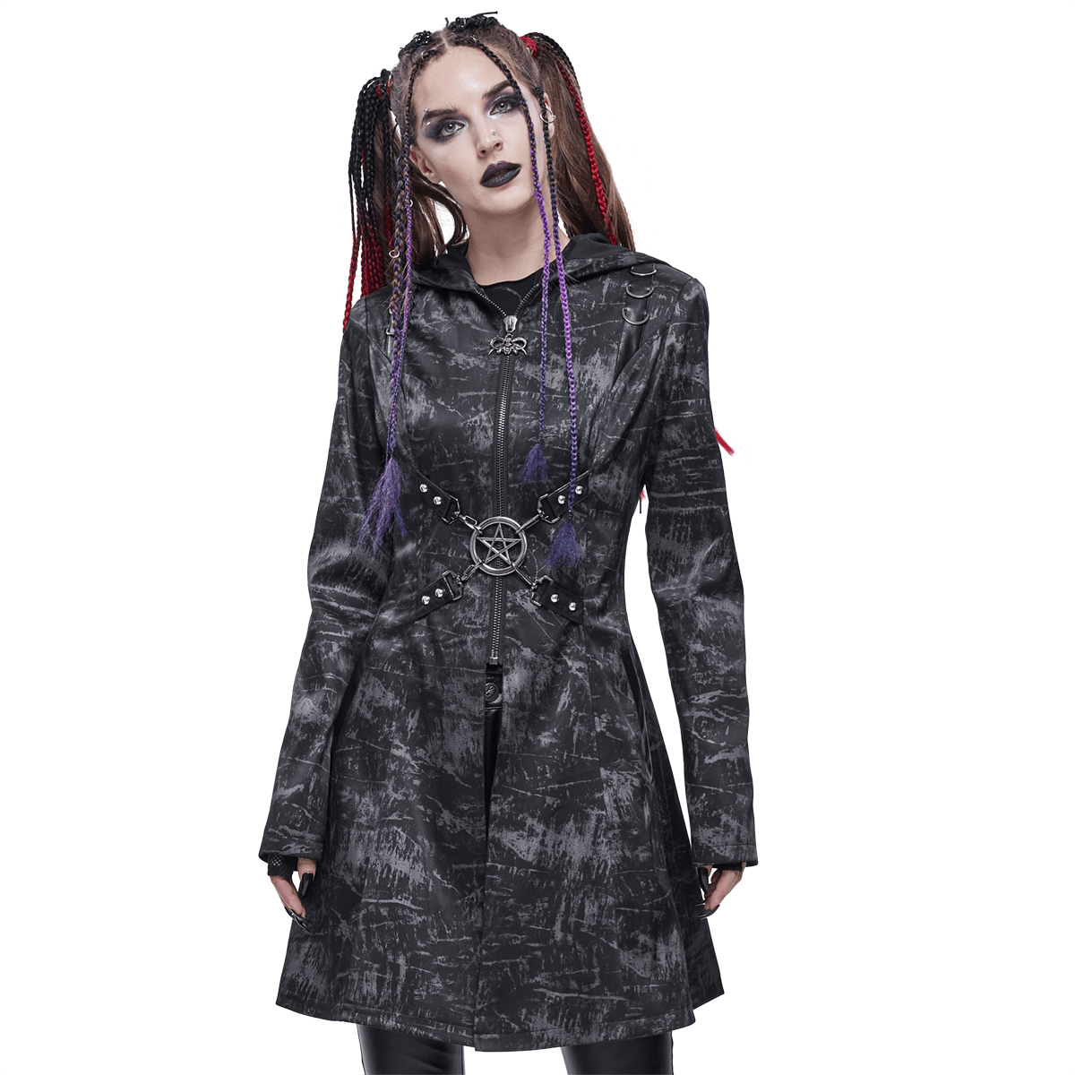 Gothic Punk Women's Hooded Long Coat with Zipper / Stylish Coat With Cross Buckle Belts & Pentagram - HARD'N'HEAVY