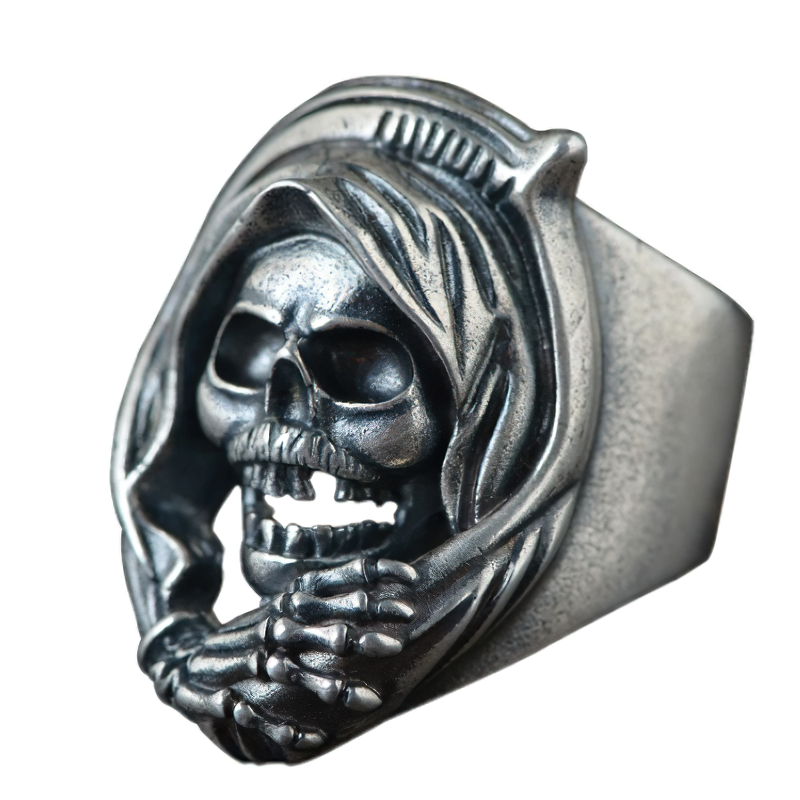 Gothic unisex sterling silver ring featuring a striking death skull design, perfect for stylish gothic outfits.