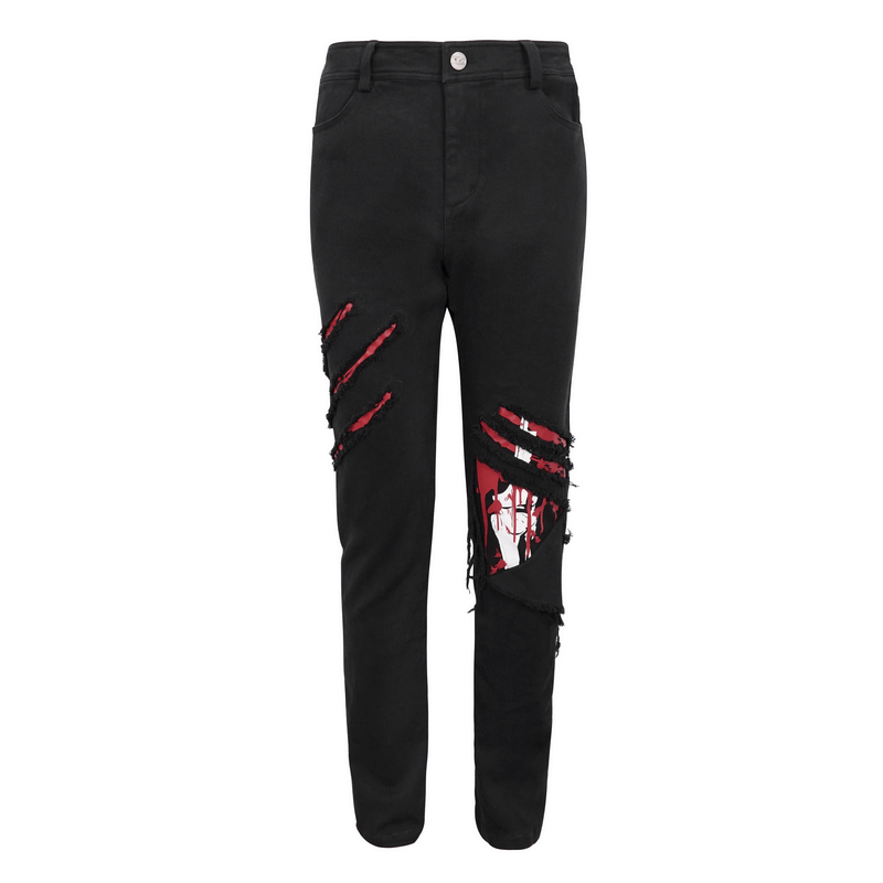 Men's black ripped pattern pants with red details in punk style.