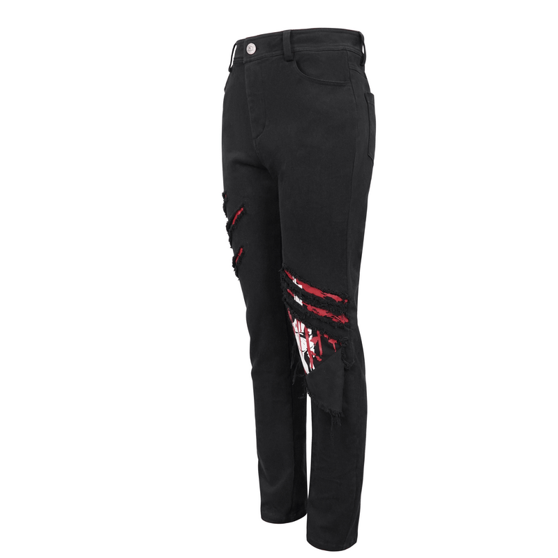 Men's gothic ripped pattern pants in black with a punk style design, featuring stylish tear details and modern cut.