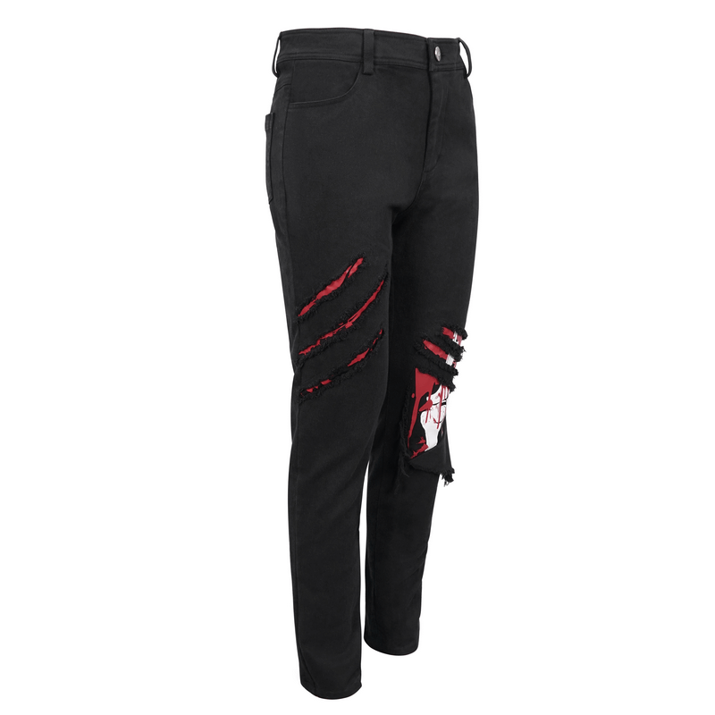 Gothic ripped pattern pants for men in black, featuring a punk style design with stylish cut and bold red accents.