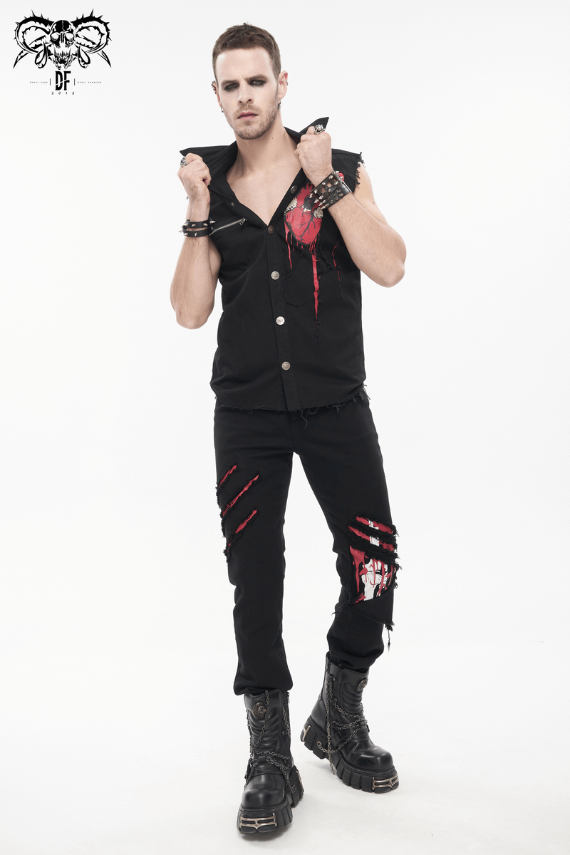 Men's gothic ripped pattern pants in punk style, paired with a sleeveless shirt and combat boots.