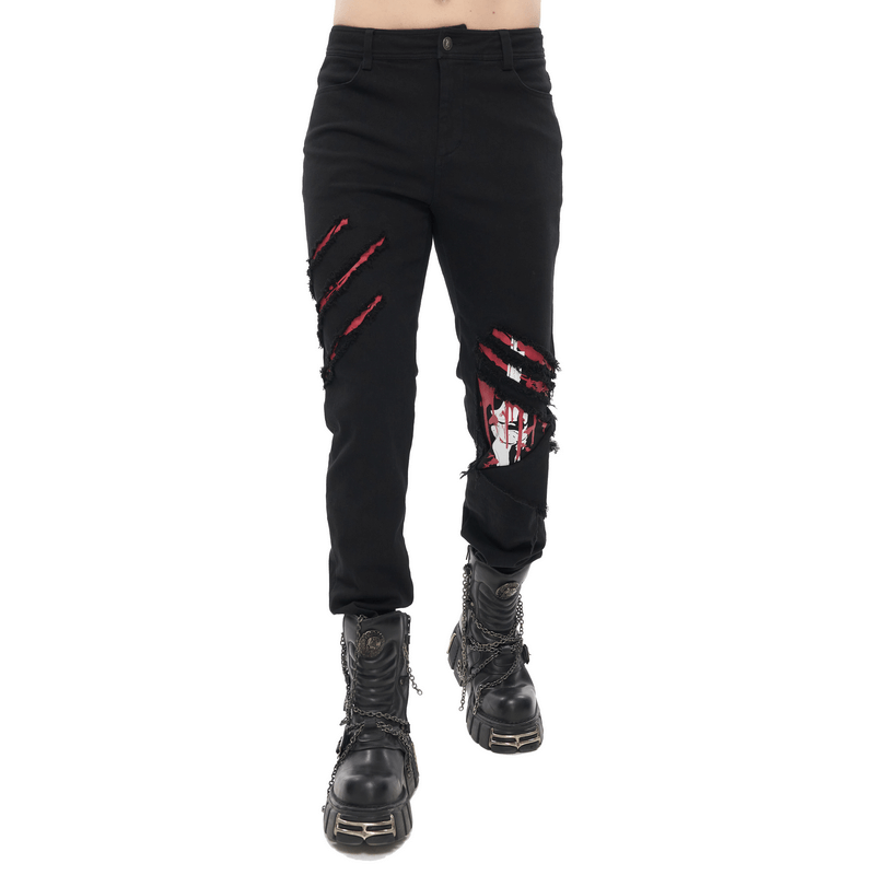 Gothic Ripped Pattern Pants for Men / Fashion Black Trousers in Punk Style