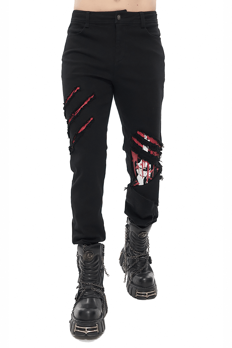 Men's gothic ripped pattern pants in black, featuring punk style design and modern cut for an edgy look.
