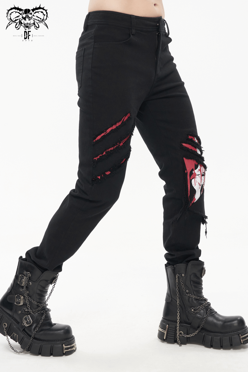 Men's black ripped pattern pants in punk style, showcasing edgy design with stylish boots.