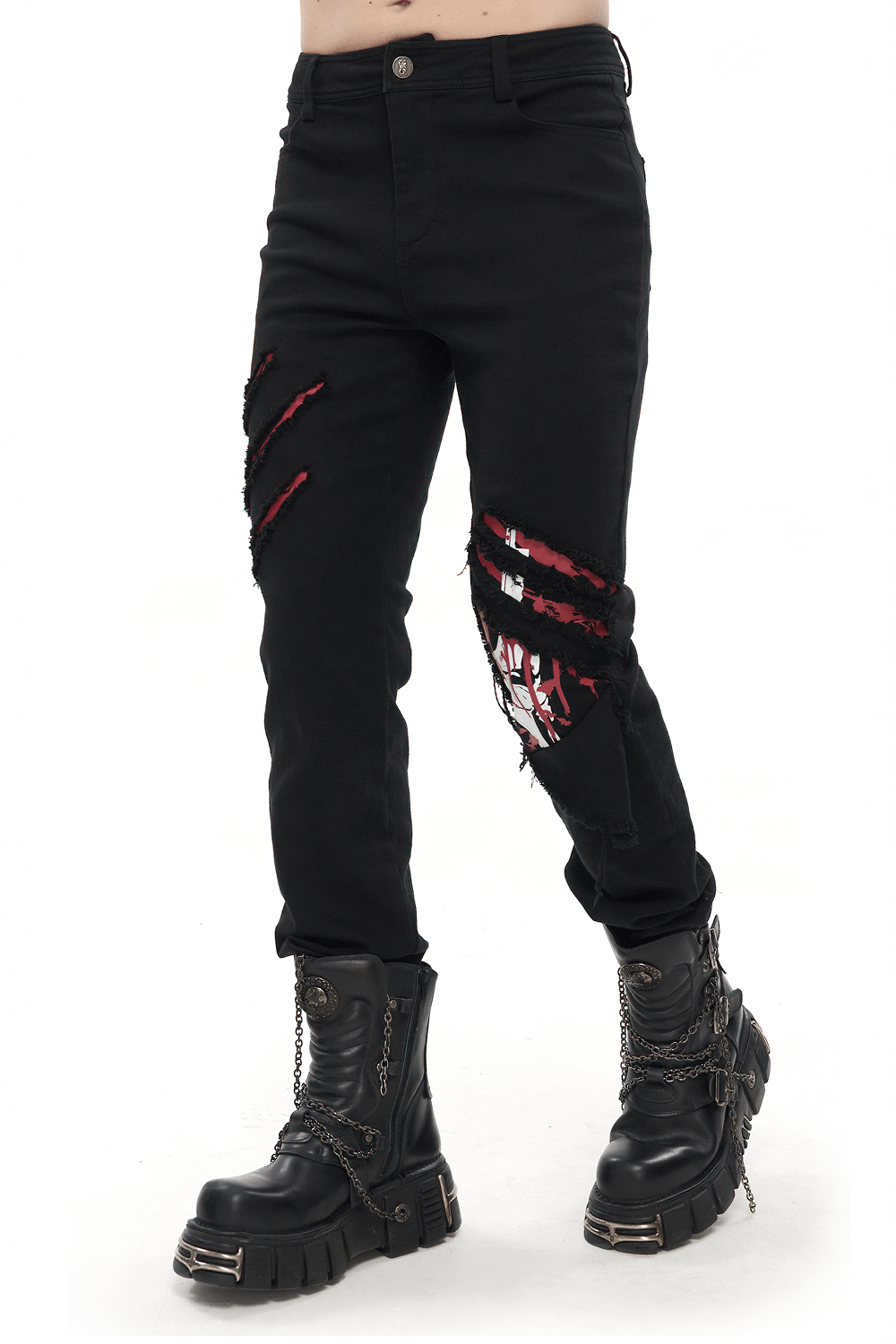 Stylish men's black ripped pattern pants with punk flair, paired with edgy black boots for a trendy look.