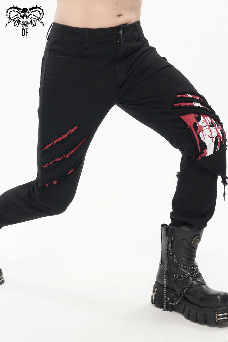 Men's black ripped pattern punk pants showcasing a stylish cut and edgy design, perfect for a trendy punk wardrobe.