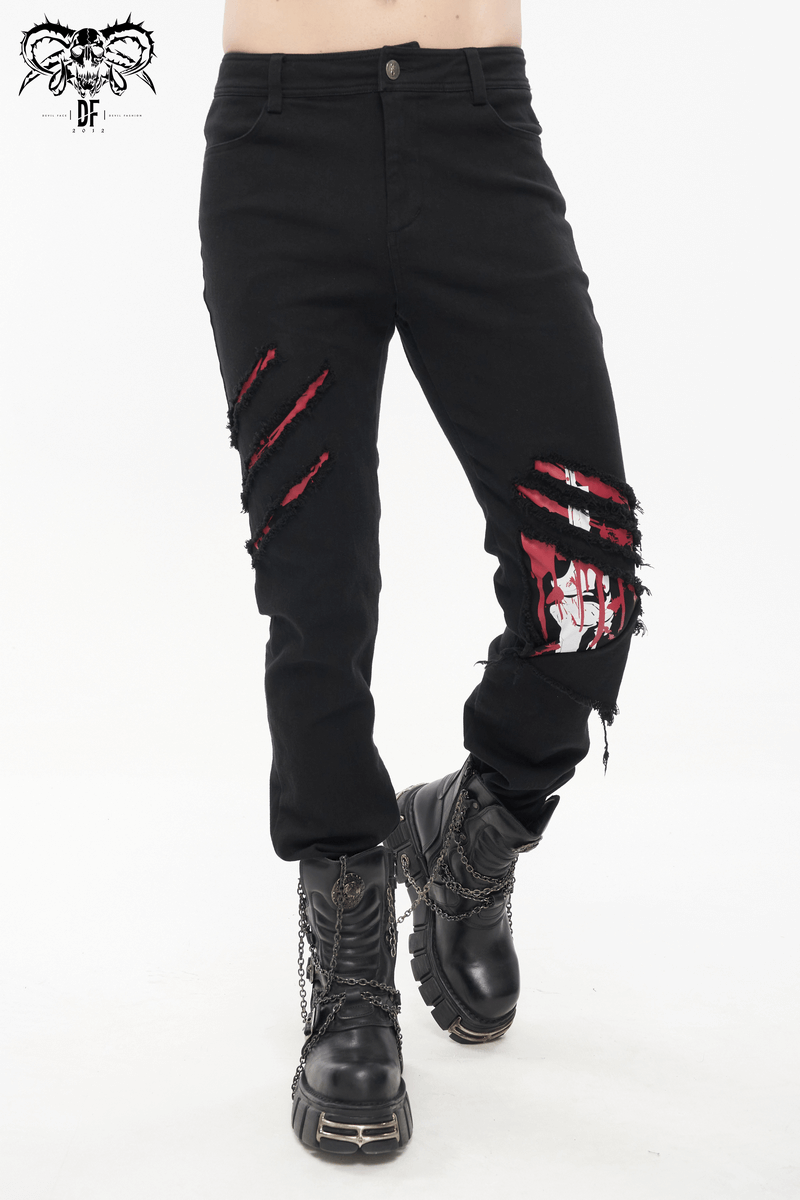 Gothic ripped pattern pants for men in punk style, featuring stylish cuts and black design.