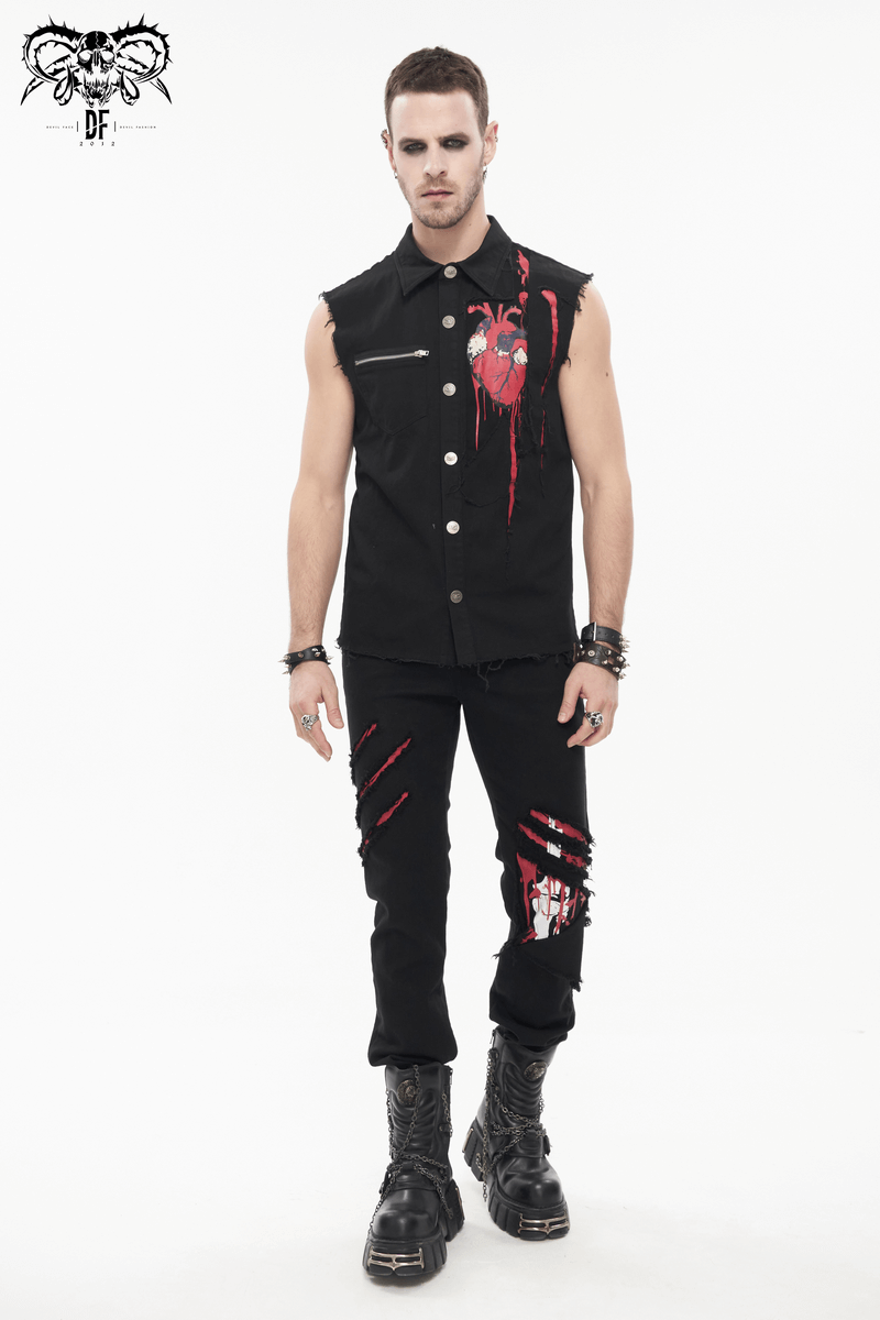Man wearing gothic ripped pattern pants and sleeveless shirt in punk style, showcasing a bold fashion statement.