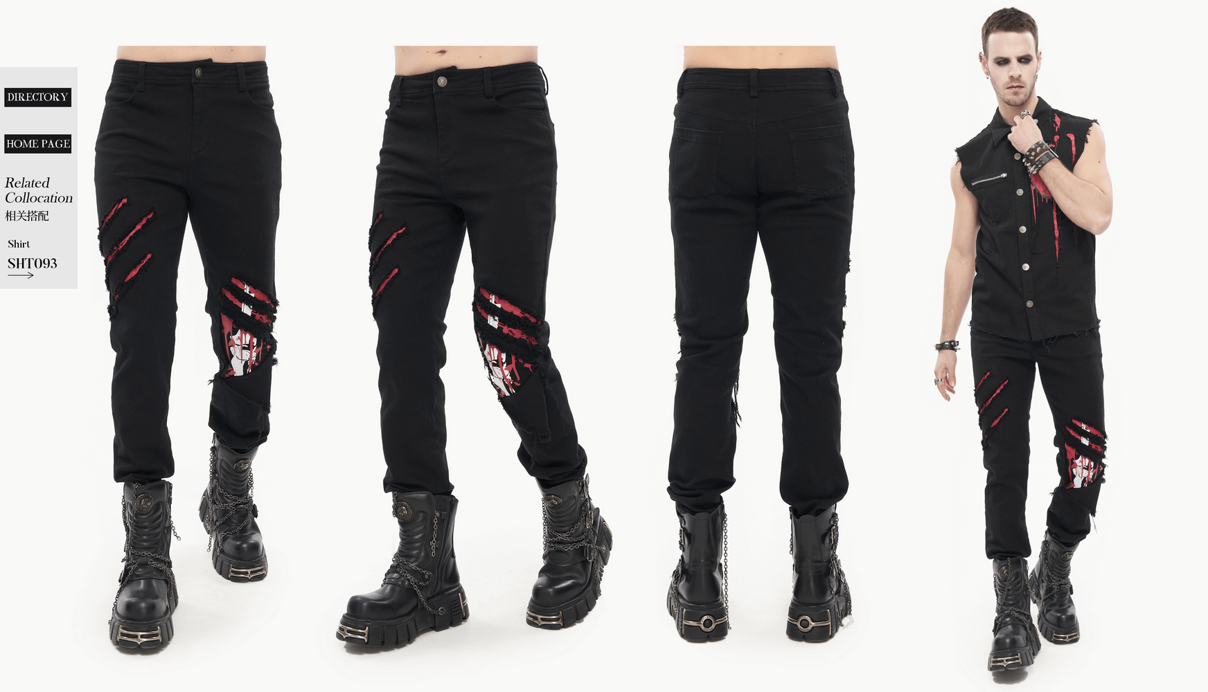 Men's gothic ripped pattern black pants showcasing punk style with modern cut and eye-catching details.