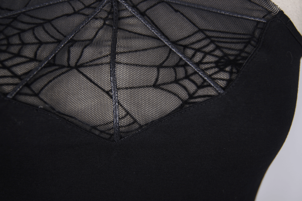 Gothic Rock Spiderweb Neckline Halter Tank Top / Women's Black Elasity T-Shirt - HARD'N'HEAVY