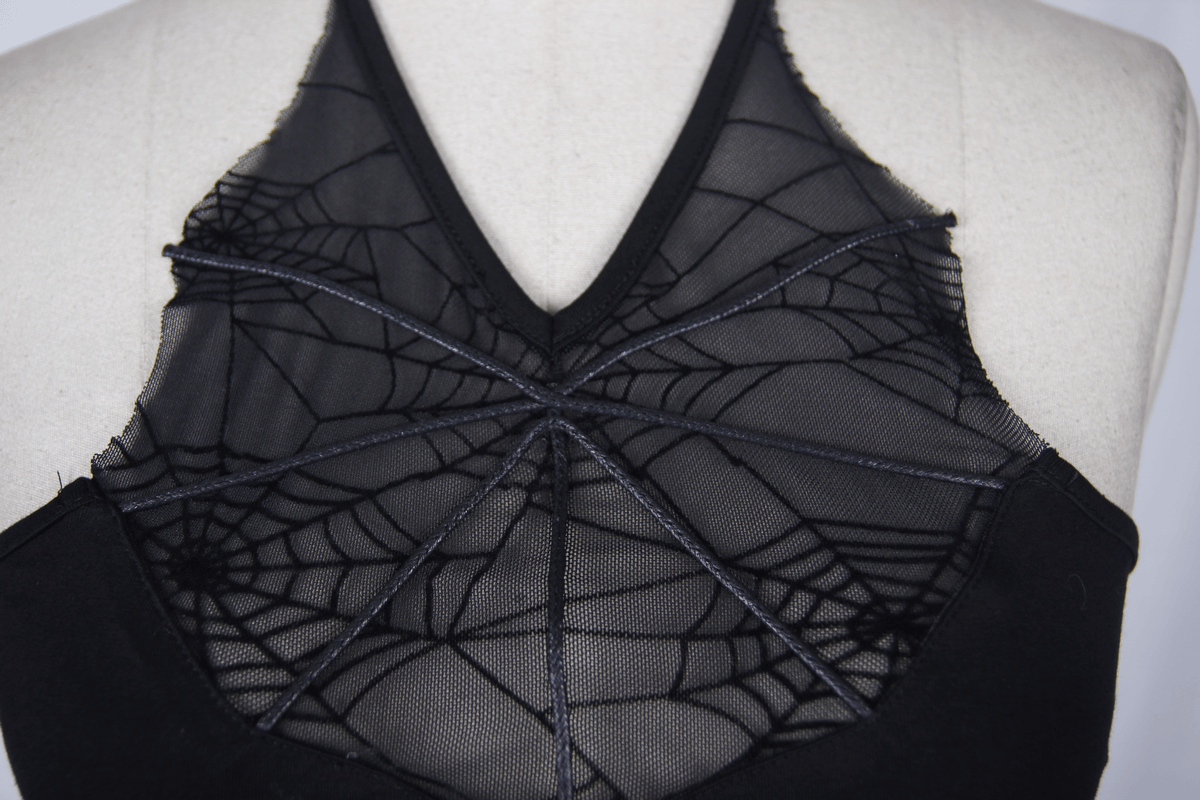 Gothic Rock Spiderweb Neckline Halter Tank Top / Women's Black Elasity T-Shirt - HARD'N'HEAVY