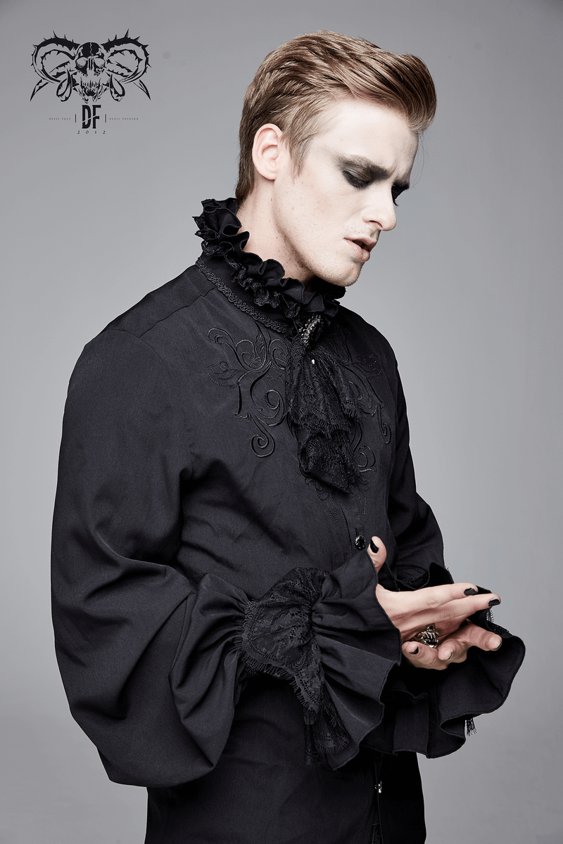 Gothic Ruffled High Collar Shirt for Men / Loose Long Sleeve Shirt with Lace Bowtie - HARD'N'HEAVY