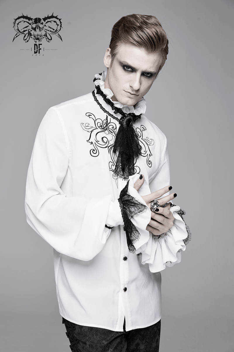 Gothic Ruffled High Collar Shirt with Lace Bowtie / Loose Long Sleeve Shirt for Men - HARD'N'HEAVY