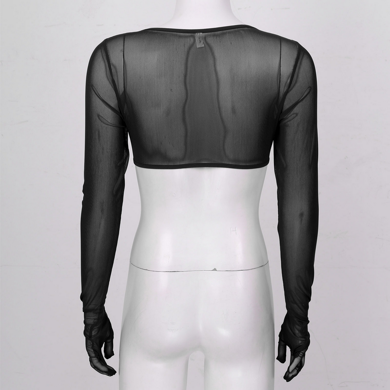 Gothic See-through Open Chest Crop Top for Women with Gloves / Sexy Long Sleeve Mesh Tops - HARD'N'HEAVY