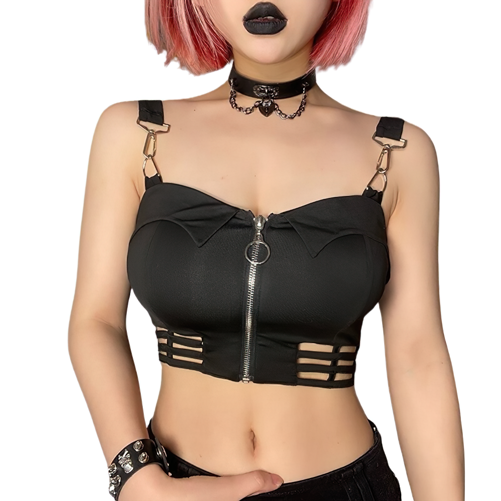 Gothic Sexy Black Crop Top with Zipper Front / Grunge Women's Sleeveless Bodycon Tops - HARD'N'HEAVY