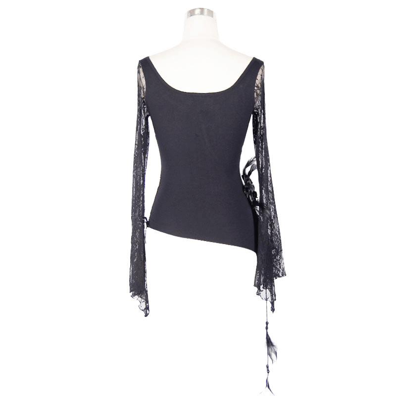 Gothic Sexy Flower Lace Asymmetric Hem Top / Lace Trumpet Sleeve Top with Feather Decoration - HARD'N'HEAVY