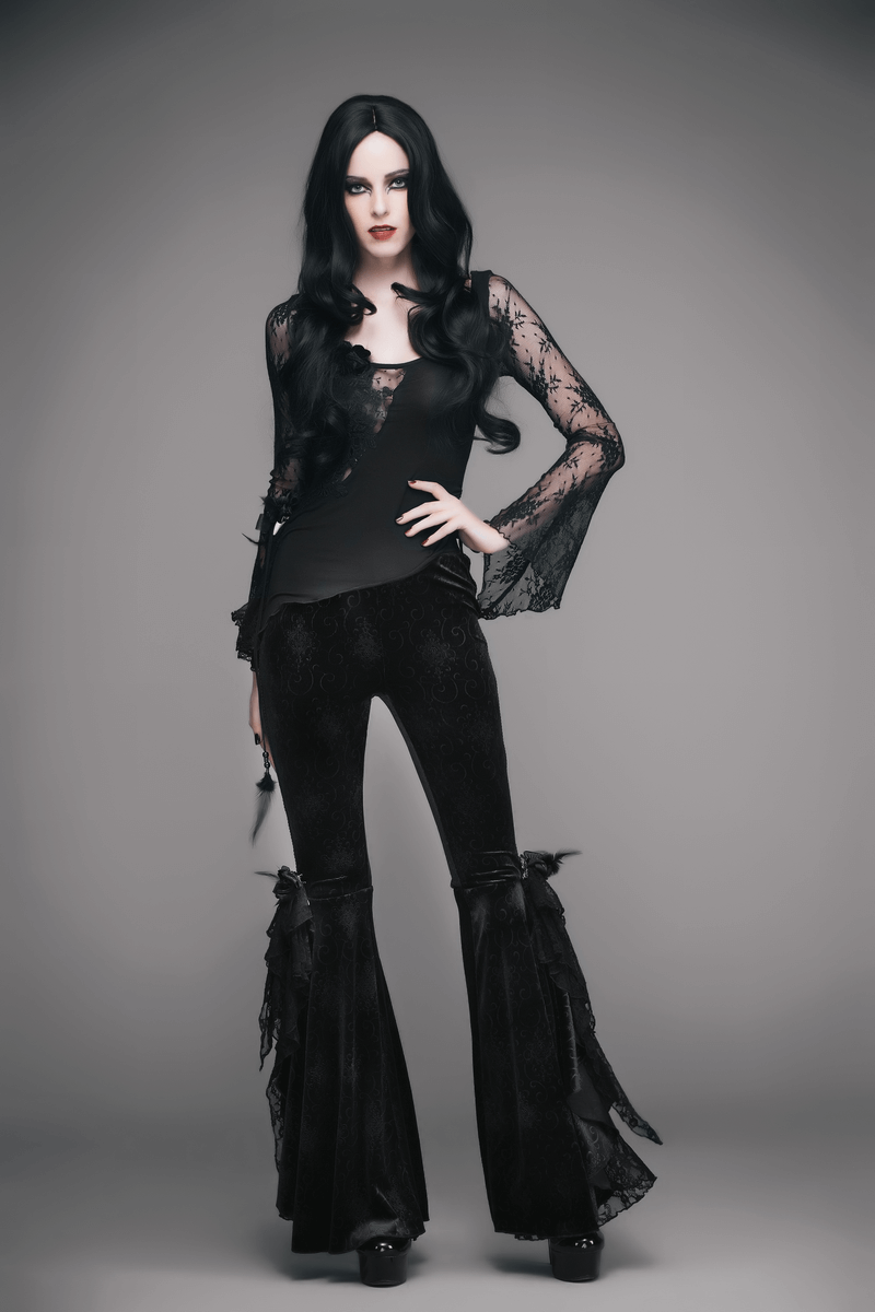 Gothic Sexy Flower Lace Asymmetric Hem Top / Lace Trumpet Sleeve Top with Feather Decoration - HARD'N'HEAVY