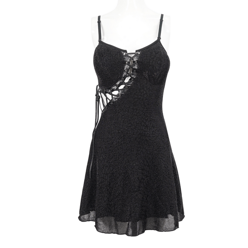 Gothic sexy black dress with lace-up details and adjustable shoulder straps for women, perfect for a modern gothic look.