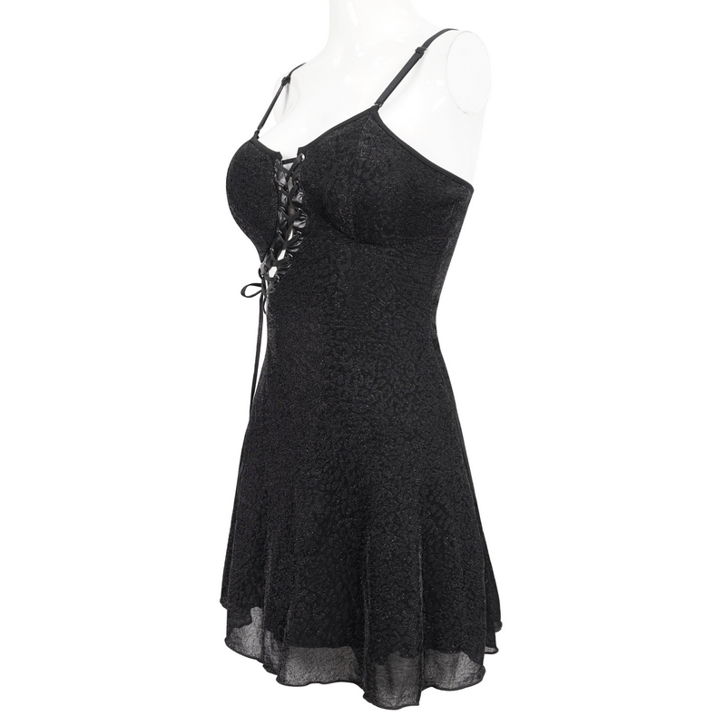 Gothic sexy black lace-up short dress with adjustable shoulder straps for a modern and seductive look.