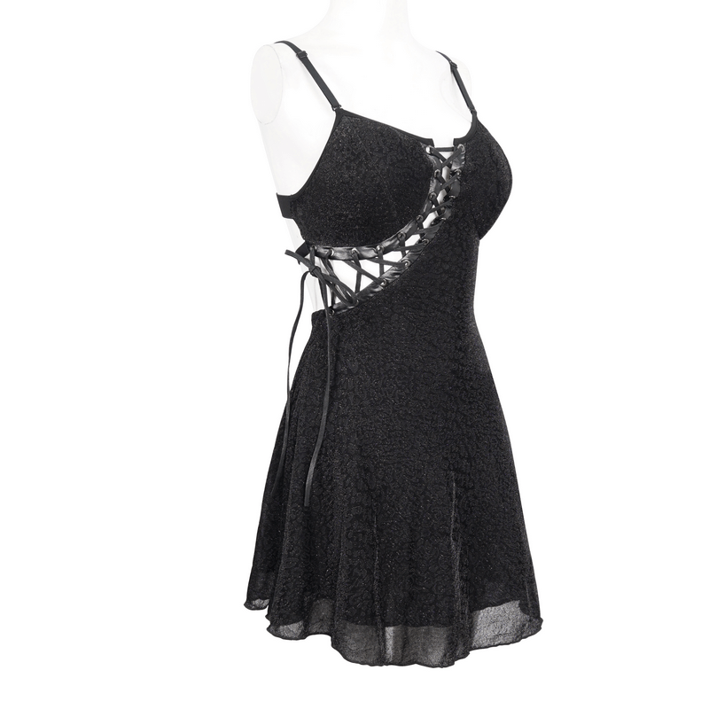 Gothic sexy hollow-out lace-up black dress with adjustable shoulder straps for stylish women.
