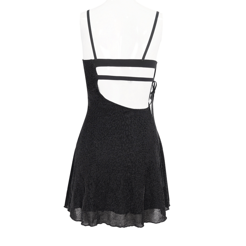 Back view of a sexy gothic short black dress with hollow out design and adjustable shoulder straps.