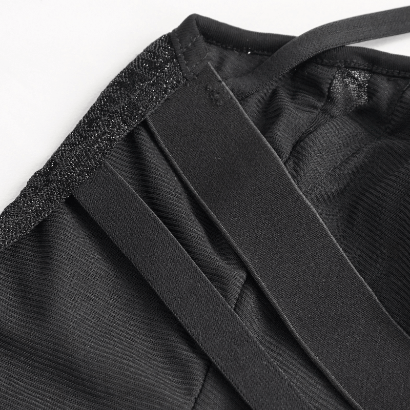 Close-up of adjustable shoulder straps on a sexy gothic black dress with lace detailing.