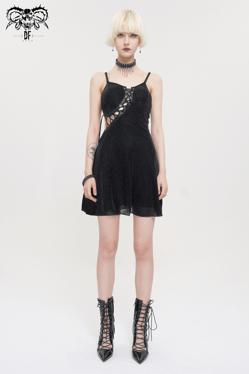 Gothic sexy black short dress with adjustable shoulder straps and lace-up detail on model.