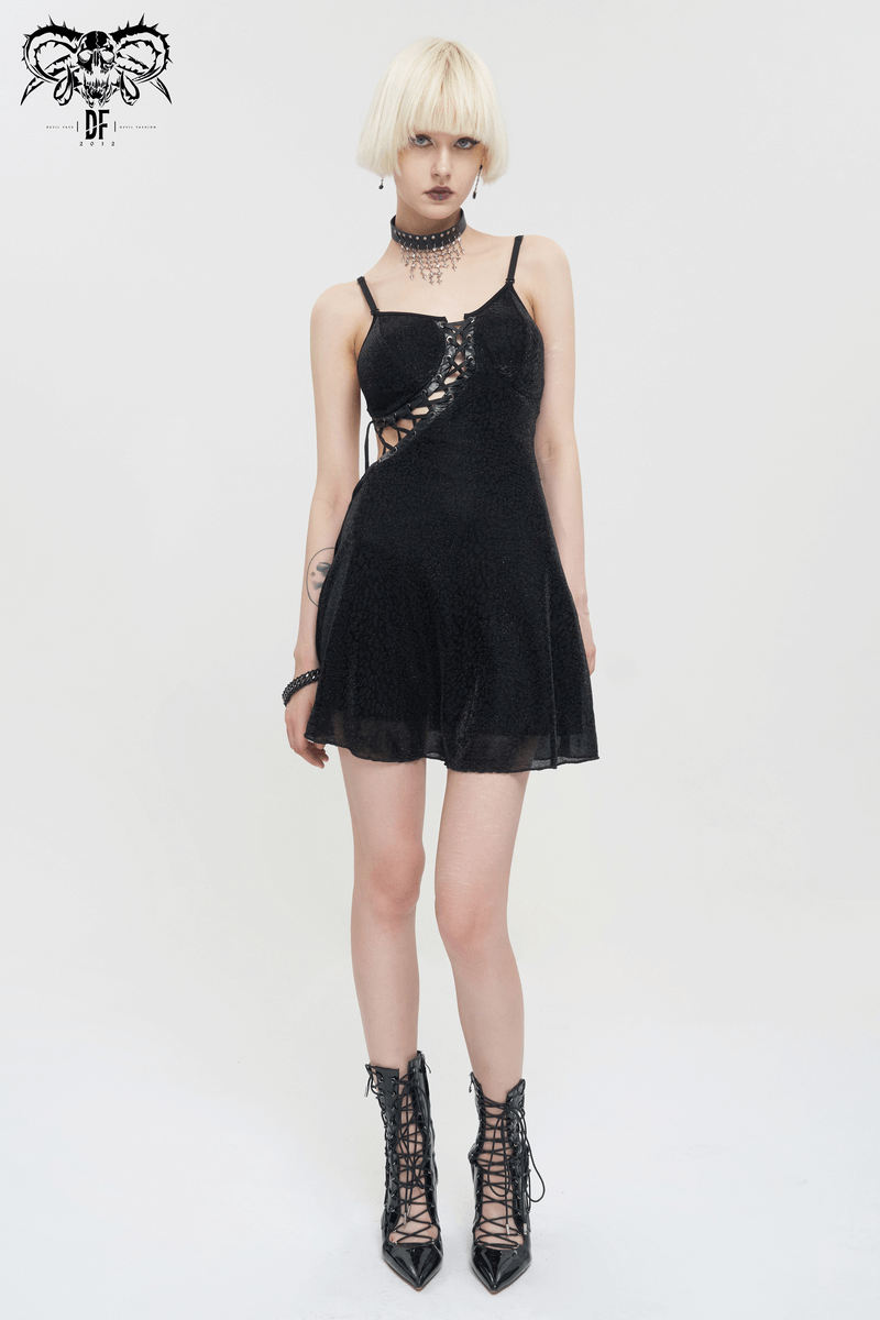 Gothic sexy short black dress with lace-up design and adjustable shoulder straps, perfect for a stylish night out.