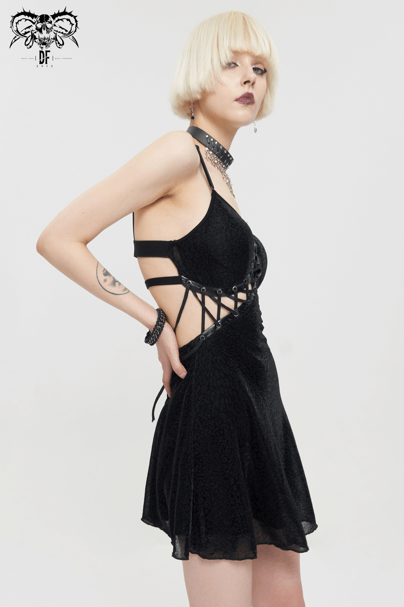 Gothic sexy hollow out lace-up dress with adjustable shoulder straps, showcasing a stylish black design for women.