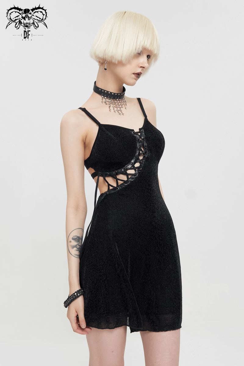 Gothic sexy black short dress with lace-up details and adjustable shoulder straps, perfect for a seductive look.