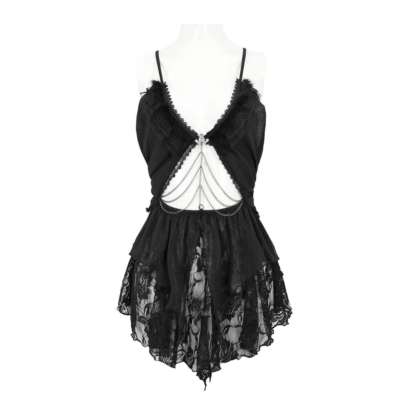 Gothic sexy hollow out short dress with strappy lace design and open back, elegant women's nightdress in black.