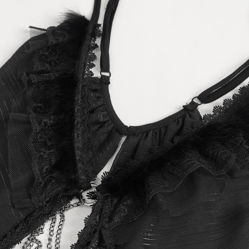 Gothic sexy hollow out black lace nightdress with ruffle details and strappy design.