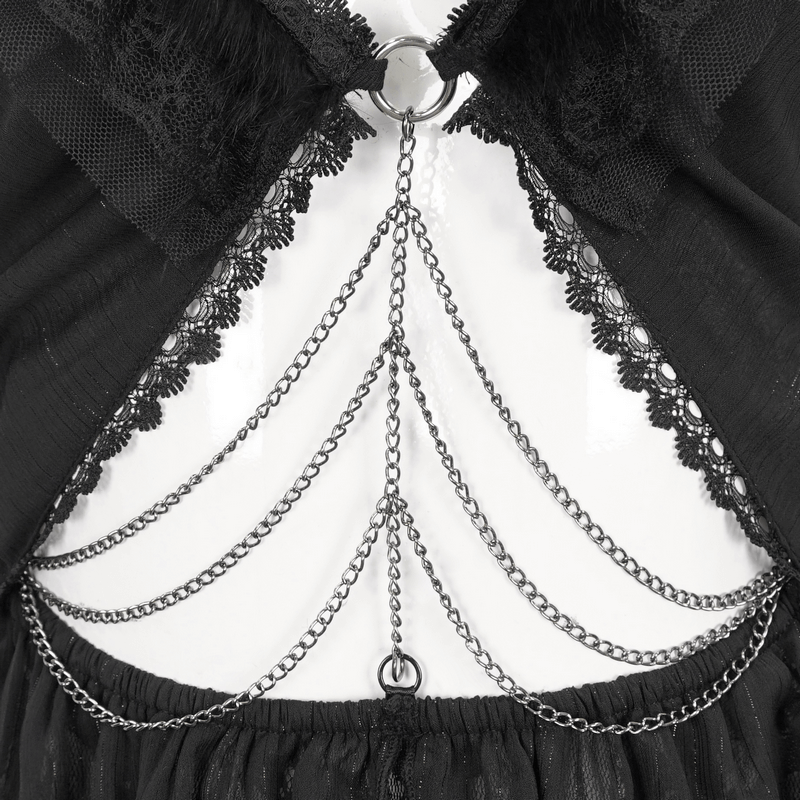 Close-up of the gothic-style nightdress open back featuring lace trim and chain detail, ideal for edgy fashion lovers.
