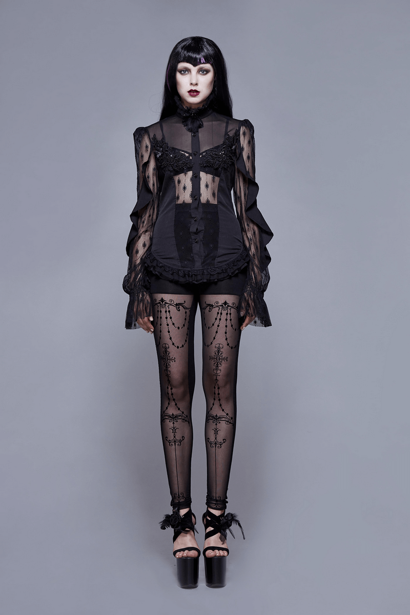 Gothic Sexy Lace Beading Blouse / Women's Long Sleeve Shirt With Lace-up Back - HARD'N'HEAVY