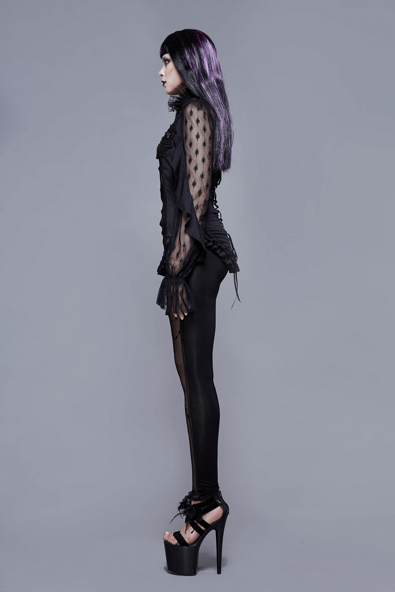 Gothic Sexy Lace Beading Blouse / Women's Long Sleeve Shirt With Lace-up Back - HARD'N'HEAVY