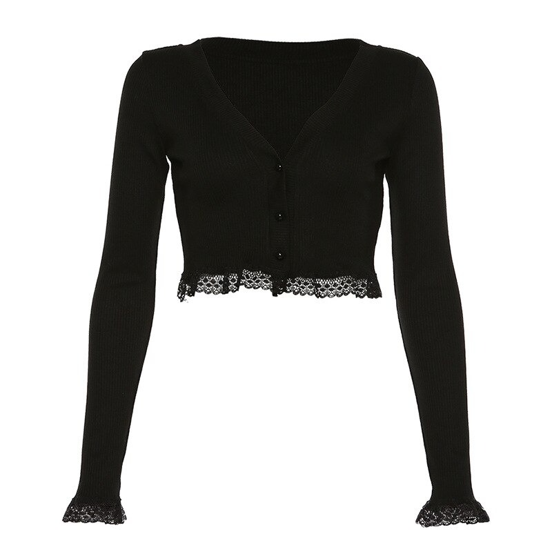 Gothic Sexy Lace Black Long Sleeve Crop Top / Vintage Autumn Women V Neck Cardigan - HARD'N'HEAVY