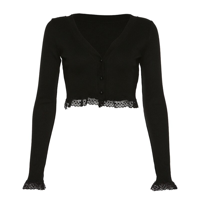 Gothic black long sleeve crop top with lace trim, stylish women's cardigan for autumn, perfect for fashionable outfits.