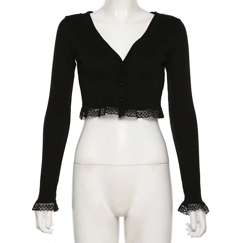 Gothic sexy lace black long sleeve crop top with V neck and intricate lace detailing for stylish outfits.