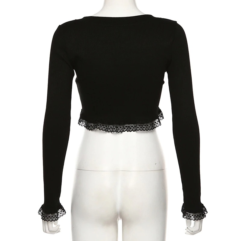 Elegant black gothic long sleeve crop top with lace trim, perfect for stylish autumn outfits.