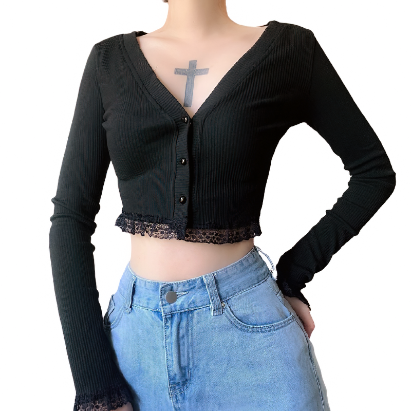 Gothic sexy black long sleeve crop top with lace trim, perfect for trendy autumn outfits.
